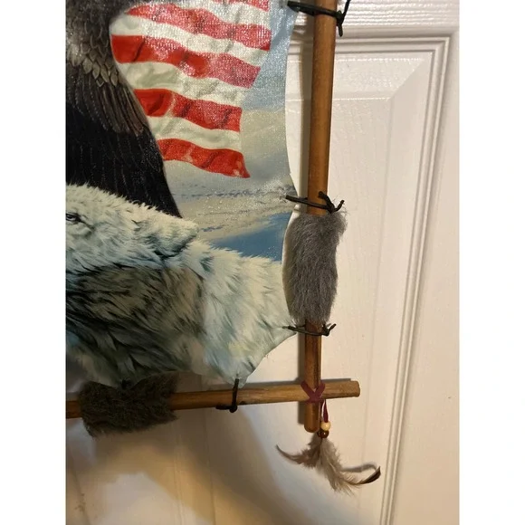 Vintage Style Eagle Wolf American Flag Faux Hide Wood Frame Wall Hanging Decor - Picture 5 of 6